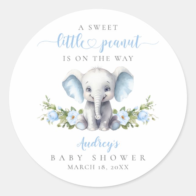 Cute Blue Floral Elephant Baby Boy Shower Classic Round Sticker (Front)