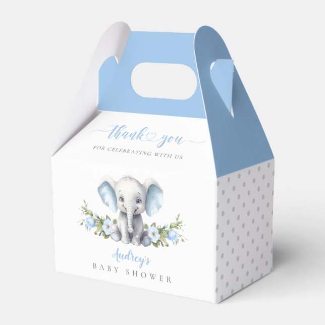 Cute Blue Floral Elephant Baby Boy Shower Favor Boxes (Front Side)