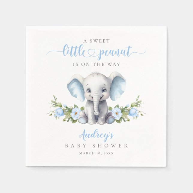 Cute Blue Floral Elephant Baby Boy Shower Napkins (Front)