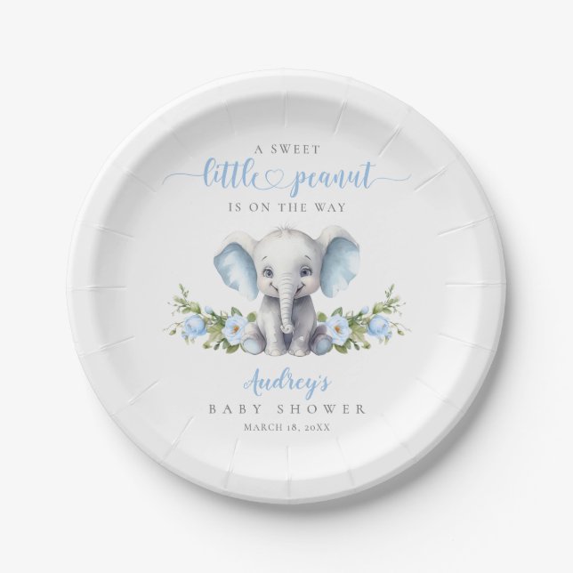 Cute Blue Floral Elephant Baby Boy Shower Paper Plates (Front)
