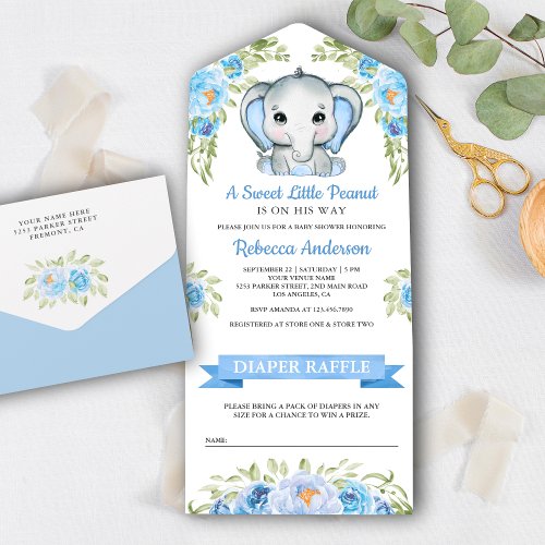 Cute Blue Floral Elephant Baby Shower All In One Invitation