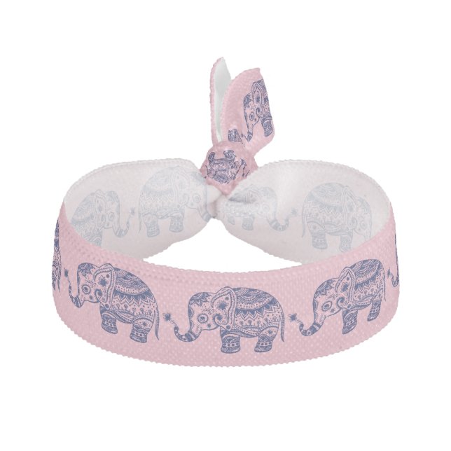 Cute Blue Floral Elephant Illustration Ribbon Hair Tie (Front)