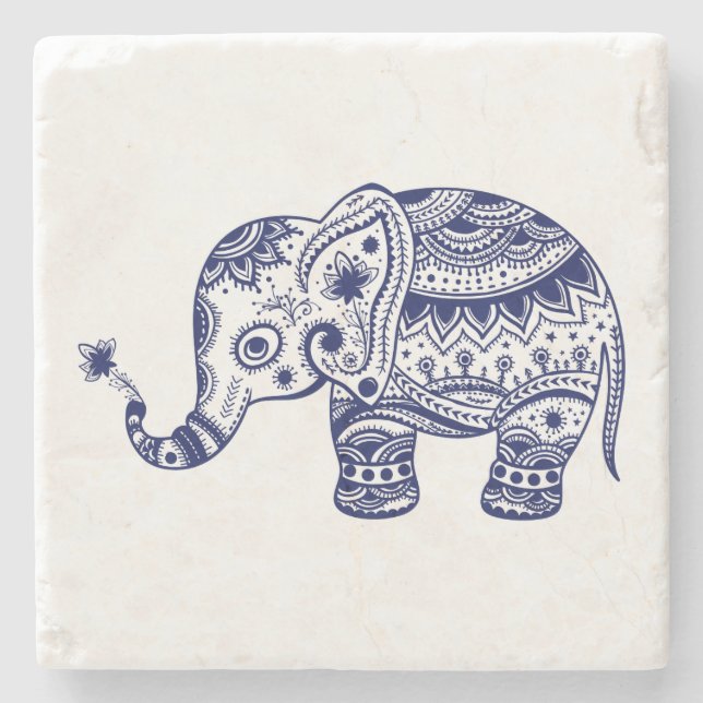 Cute Blue Floral Elephant Illustration Stone Coaster (Front)