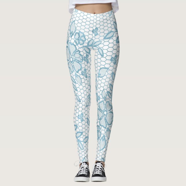 Cute Blue Floral Lace Simple Leggings (Front)