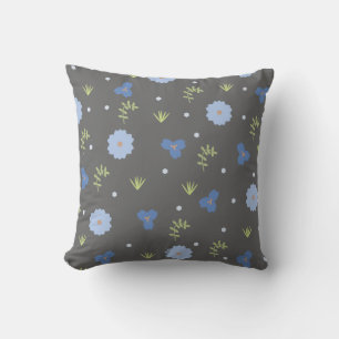 Cute Blue Floral on Gray Throw Pillow