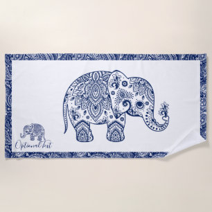 Cute Blue Floral Paisley Elephant Illustration Beach Towel