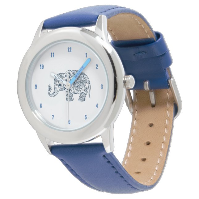 Cute blue Floral Paisley Elephant Illustration Watch (Angled)
