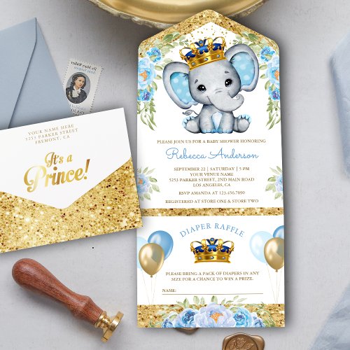 Cute Blue Floral Prince Elephant Baby Shower All In One Invitation