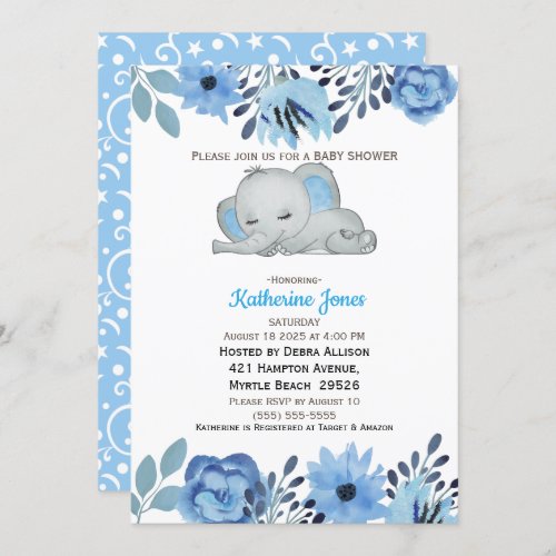 Cute Blue Floral Sleeping Elephant Baby Shower Invitation