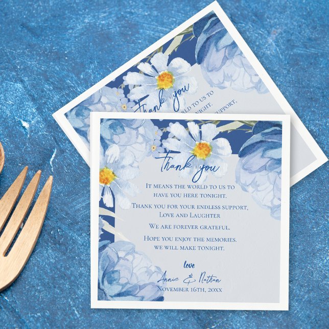 Cute Blue Floral Trendy Wedding Thank you Message Napkins (Cute Blue Floral Trendy Wedding Thank you Message Napkins)