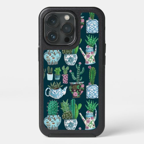 Cute blue floral vases cactus succulent pattern  iPhone 13 pro case