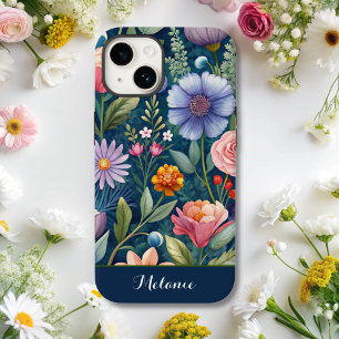 Cute blue Floral Wildflower monogram Case-Mate iPhone 14 Case