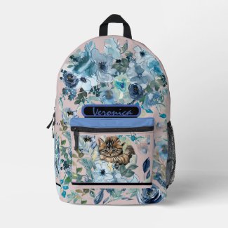 Cute  Blue Floral  with a cat 