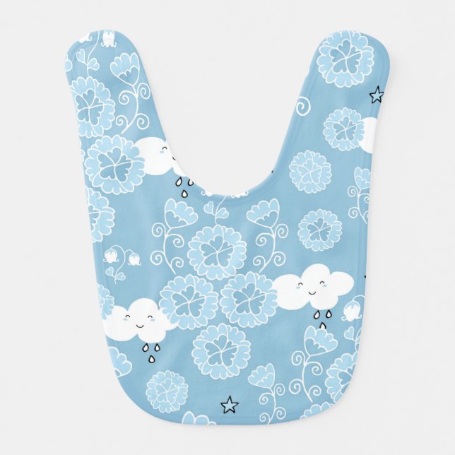 Cute Blue Flower and Rain Clouds | Baby Bib (Front)