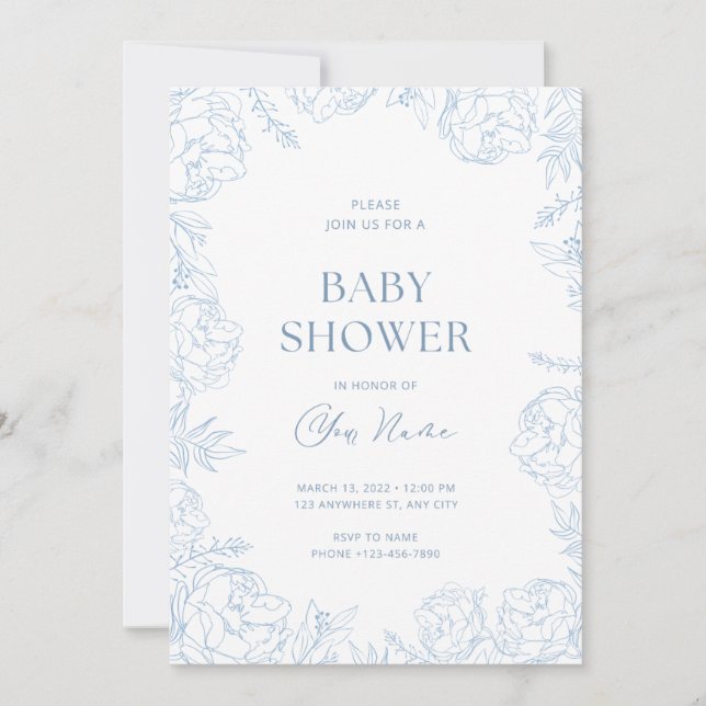 Cute Blue Flower Baby Shower Invite  (Front)
