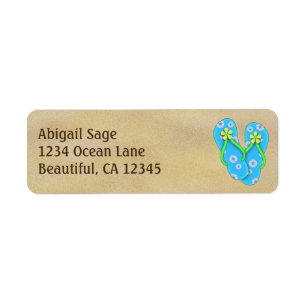 Cute Blue Flower Flip Flops on Sand Beach Address Label