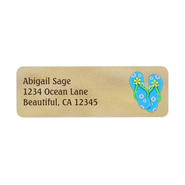 Cute Blue Flower Flip Flops on Sand Beach Address Label (Front)