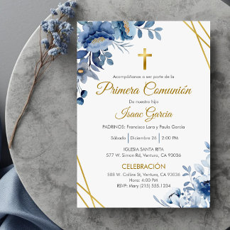 Cute Blue Flowers First Communion in Spanish Invitation