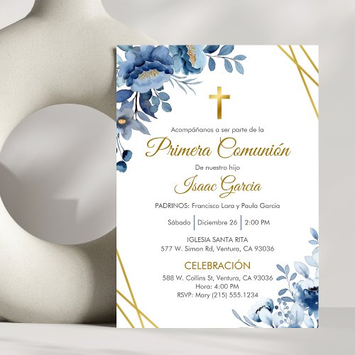 Cute Blue Flowers First Communion in Spanish  Invitation