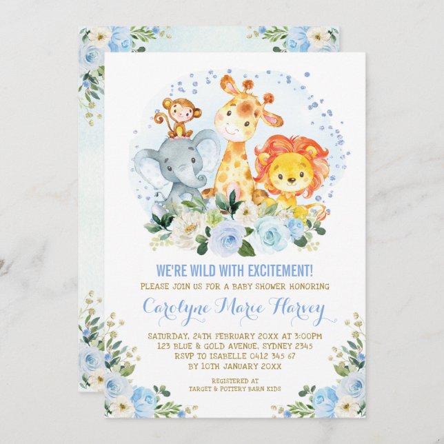 Cute Blue Flowers Jungle Safari Boy Baby Shower Invitation (Front/Back)