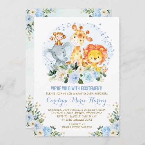 Cute Blue Flowers Jungle Safari Boy Baby Shower Invitation