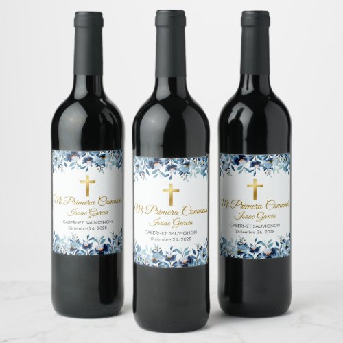 Cute Blue Flowers Spanish First holy Communion  Wine Label