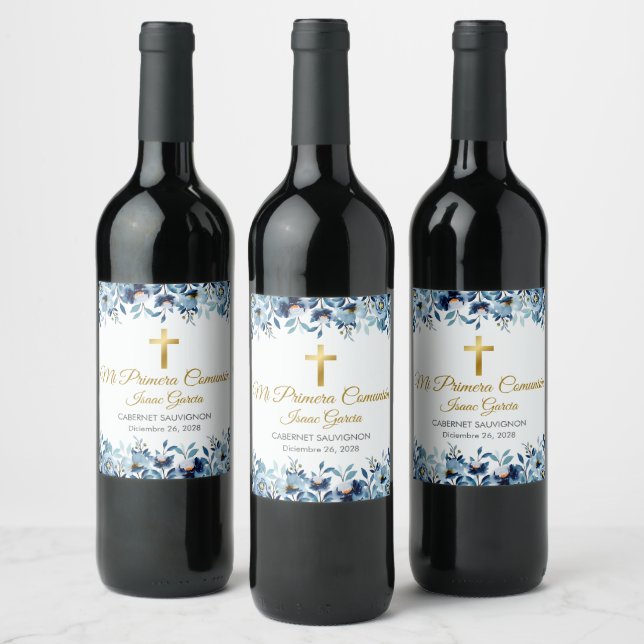 Cute Blue Flowers Spanish First holy Communion  Wine Label (Bottles)