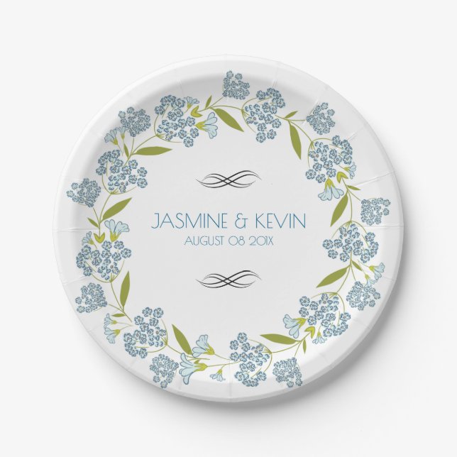 Cute Blue Flowers Wedding Wreath Paper Plates (Front)