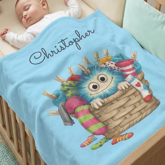 Cute Blue Fluffy Sock Monster Kids Design Fleece Blanket (Creator Uploaded)
