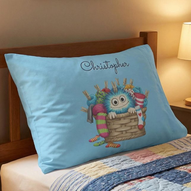 Cute Blue Fluffy Sock Monster Kids Design Pillow Case (Creator Uploaded)