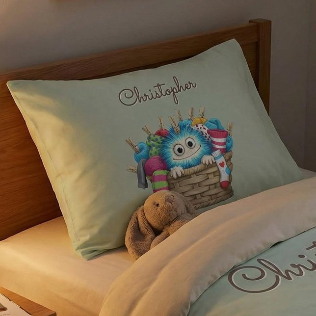 Cute Blue Fluffy Sock Monster Kids Design Pillow Case (Creator Uploaded)