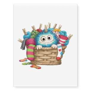 Cute Blue Fluffy Sock Monster Kids Design Temporary Tattoos