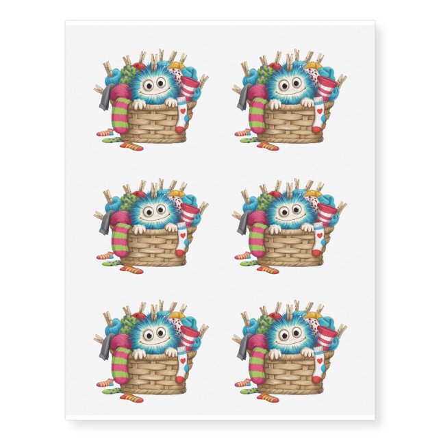 Cute Blue Fluffy Sock Monster Kids Design Temporary Tattoos (Front)