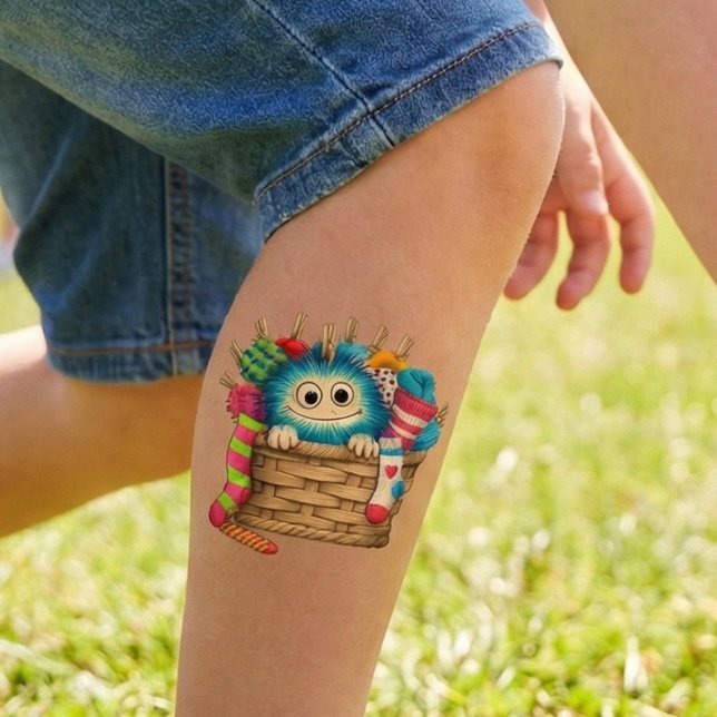 Cute Blue Fluffy Sock Monster Kids Design Temporary Tattoos (Creator Uploaded)