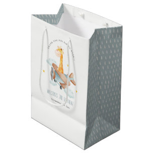 Cute Blue Fly Over Giraffe Animal Plane Birthday Medium Gift Bag