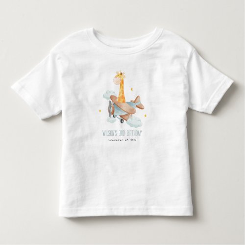 Cute Blue Fly Over Giraffe Animal Plane Birthday Toddler T_shirt