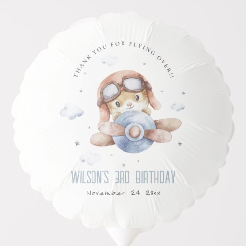 Cute Blue Fly Over Teddy Animal Plane Birthday Balloon