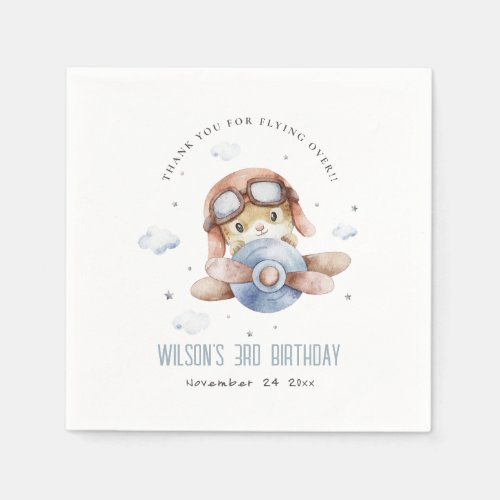 Cute Blue Fly Over Teddy Animal Plane Birthday Napkins