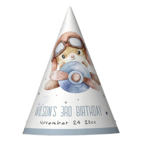 Cute Blue Fly Over Teddy Animal Plane Birthday Party Hat