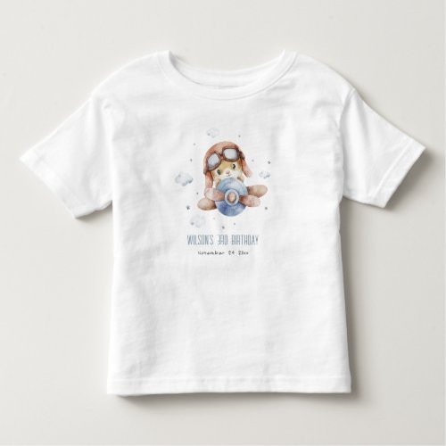 Cute Blue Fly Over Teddy Animal Plane Birthday Toddler T_shirt