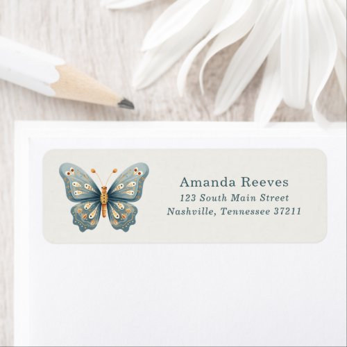 Cute Blue Folk Butterfly Return Address Label