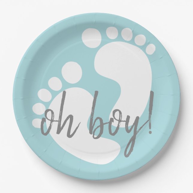 Cute Blue Footprints Baby Shower Paper Plates (Front)