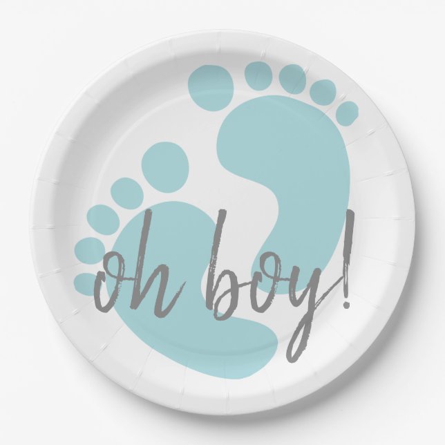 Cute Blue Footprints Baby Shower Paper Plates (Front)