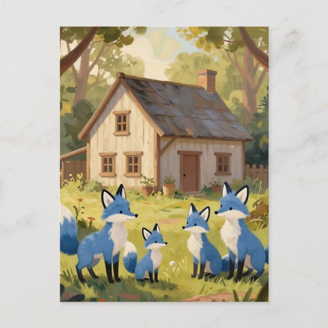 Cute Blue Fox Family Cottage Postcard (Front)