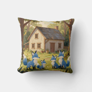 Cute Blue Fox Family Cottage Throw Pillow