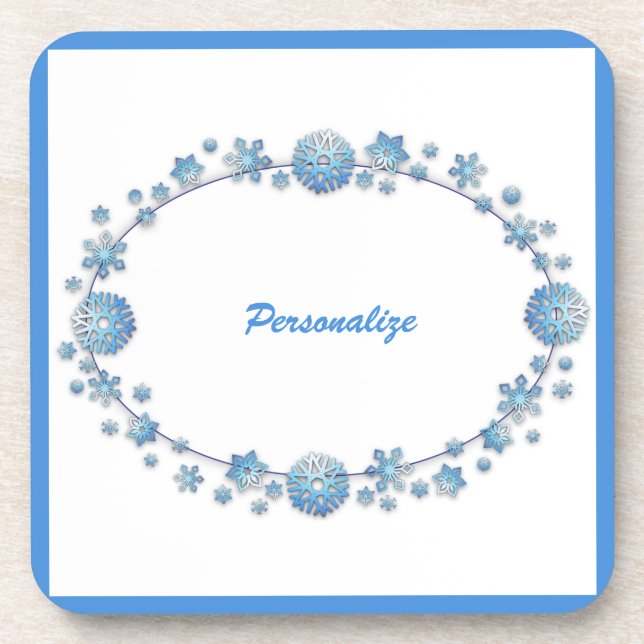 Cute Blue Frame Girly Personalized Beverage Coaster (Front)
