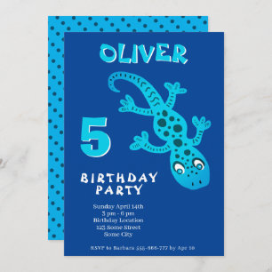 Cute Blue Gecko Lizard Birthday Party Invitation