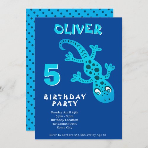 Cute Blue Gecko Lizard Birthday Party  Invitation