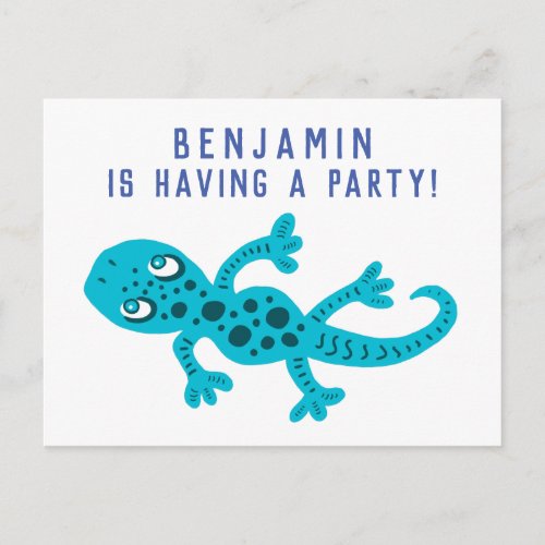 Cute Blue Gecko Lizard Birthday Party Invitation Postcard - Cute Blue Gecko Lizard Birthday Party Invitation Postcard. An invitation card for a birthday party for children. Cute gecko lizard in blue color with dark spots. Personalize all the text on the card. It`s perfect for kids who love animals.