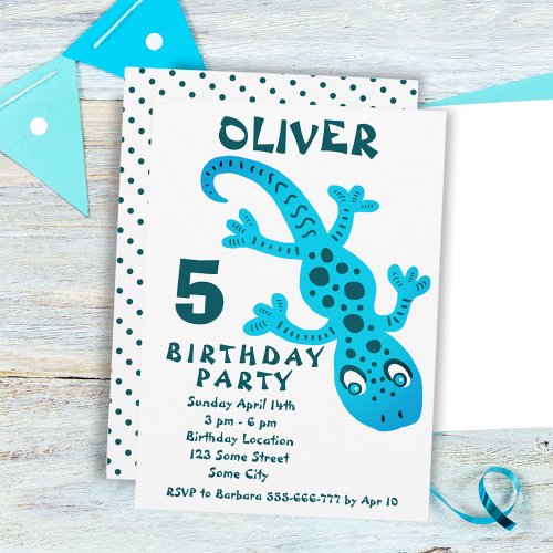 Cute Blue Gecko Lizard Boy Birthday Party  Invitation